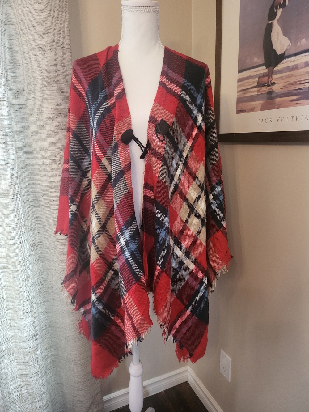 Red Plaid Fringe Wrap Poncho